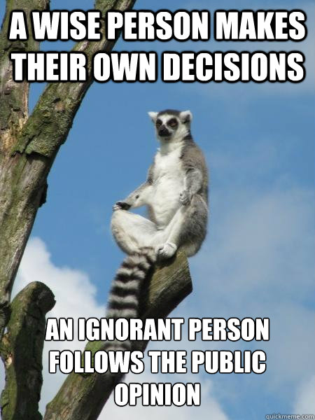 A wise person makes their own decisions an ignorant person follows the public opinion - A wise person makes their own decisions an ignorant person follows the public opinion  Zen ring-tailed lemur.