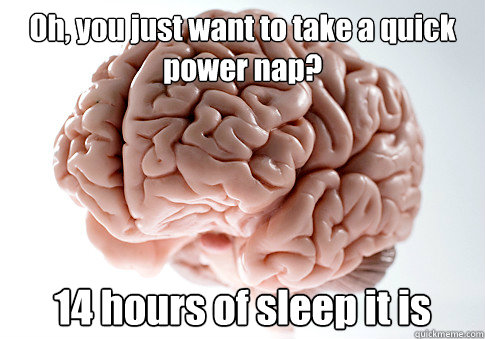 Oh, you just want to take a quick power nap? 14 hours of sleep it is  Scumbag Brain