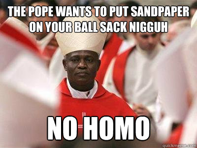 The pope wants to put sandpaper on your ball sack nigguh No homo  