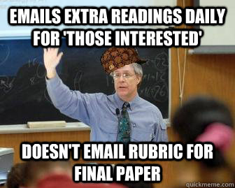 emails extra readings daily for 'those interested' doesn't email rubric for final paper  Scumbag Professor