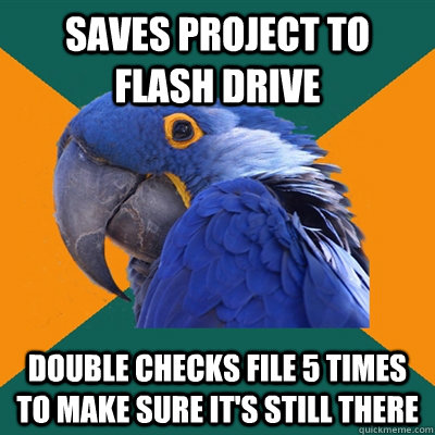 Saves project to flash drive double checks file 5 times to make sure it's still there  Paranoid Parrot
