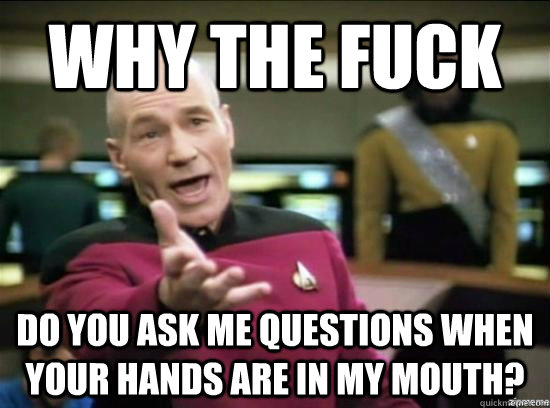 Why the fuck do you ask me questions when your hands are in my mouth?  Annoyed Picard HD