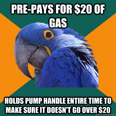 Pre-pays for $20 of gas holds pump handle entire time to make sure it doesn't go over $20  Paranoid Parrot