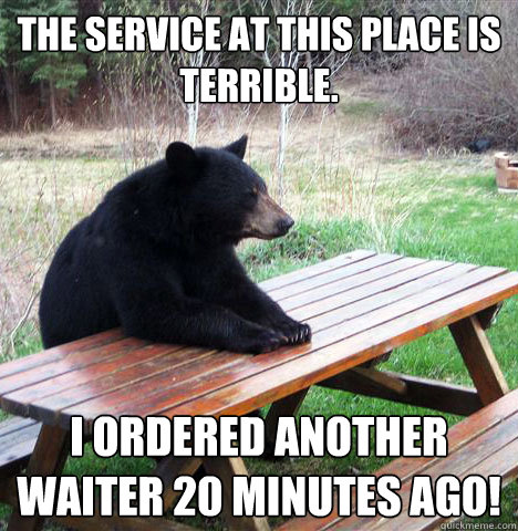 the service at this place is terrible. i ordered another waiter 20 minutes ago!  waiting bear