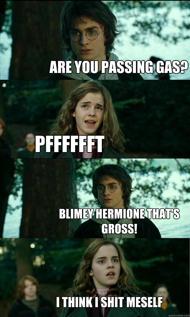 Are you passing gas? pfffffft blimey hermione that's gross! I think i shit meself  Horny Harry