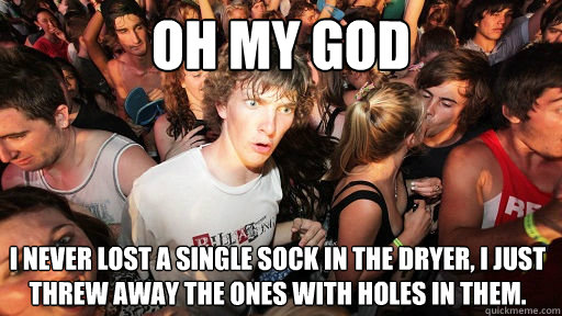 oh my god I never lost a single sock in the dryer, I just threw away the ones with holes in them.  Sudden Clarity Clarence