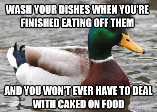 Wash your dishes when you're finished eating off them And you won't ever have to deal with caked on food  Actual Advice Mallard