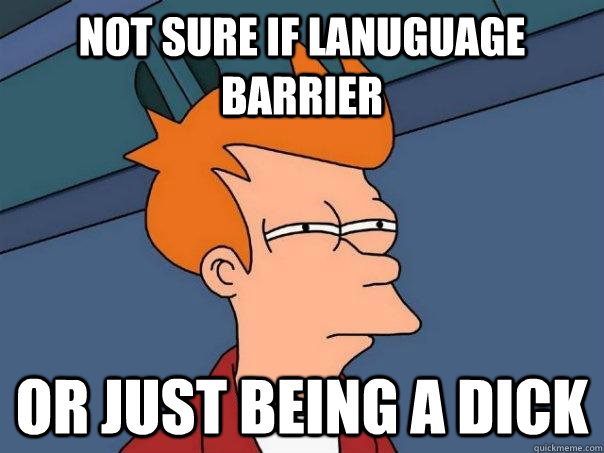 Not sure if Lanuguage Barrier Or just being a dick  Futurama Fry