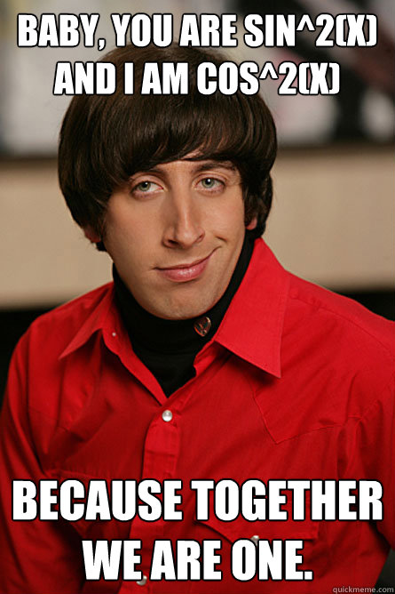 Baby, You are Sin^2(X) and I am Cos^2(x) Because together we are one.  Pickup Line Scientist