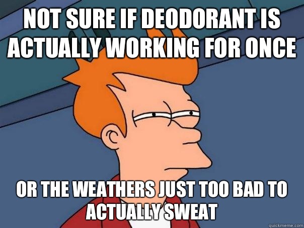 Not sure if deodorant is actually working for once Or the weathers just too bad to actually sweat - Not sure if deodorant is actually working for once Or the weathers just too bad to actually sweat  Futurama Fry