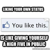 Liking your own status Is like giving yourself a high five in public  liking your own status