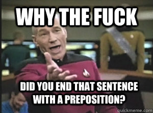 why the fuck Did you end that sentence with a preposition?  Annoyed Picard