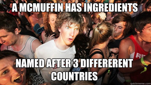 A McMuffin has ingredients  named after 3 differerent countries  Sudden Clarity Clarence