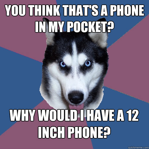 you think that's a phone in my pocket? why would i have a 12 inch phone?  Creeper Canine