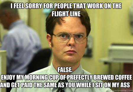 i feel sorry for people that work on the 
flight line False. 
I enjoy my morning cup of prefectly brewed coffee and get paid the same as you while i sit on my ass  Schrute