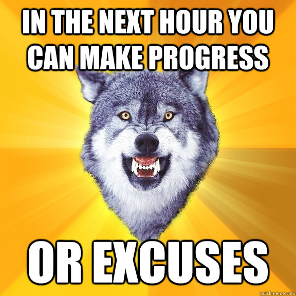 in the next hour you can make progress or excuses - in the next hour you can make progress or excuses  Courage Wolf