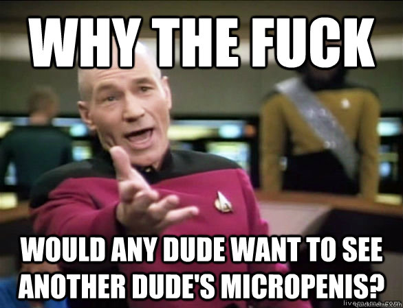 why the fuck WOULD ANY DUDE WANT TO SEE ANOTHER DUDE'S MICROPENIS?  Annoyed Picard HD