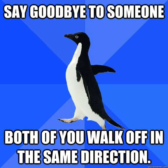 say goodbye to someone both of you walk off in the same direction.  Socially Awkward Penguin