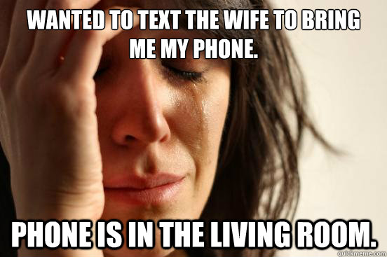 Wanted to text the wife to bring
me my phone. Phone is in the living room.  First World Problems