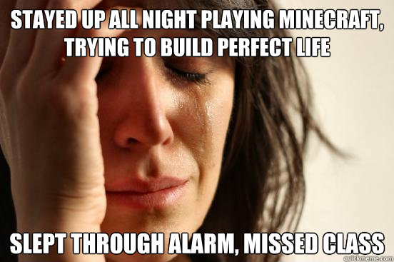 Stayed up all night playing minecraft, trying to build perfect life Slept through alarm, missed class  First World Problems