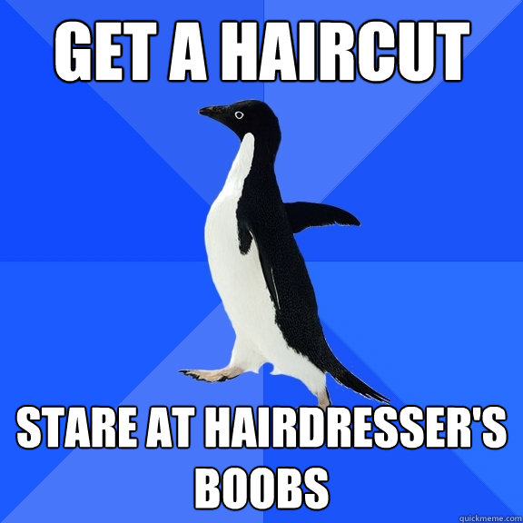 Get a haircut Stare at hairdresser's boobs  Socially Awkward Penguin