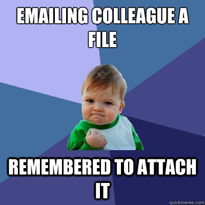 Emailing colleague a file remembered to attach it  Success Kid