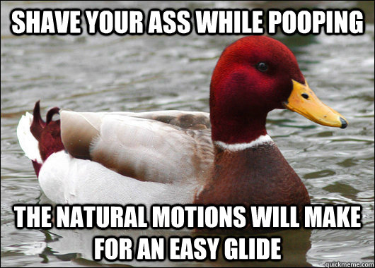 Shave your ass while pooping the natural motions will make for an easy glide   Malicious Advice Mallard