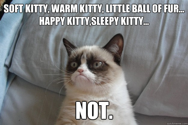 Soft kitty, Warm kitty, Little ball of fur...
Happy kitty,Sleepy kitty... NOT.
 - Soft kitty, Warm kitty, Little ball of fur...
Happy kitty,Sleepy kitty... NOT.
  Misc