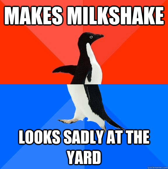 Makes Milkshake looks sadly at the yard  Socially Awesome Awkward Penguin