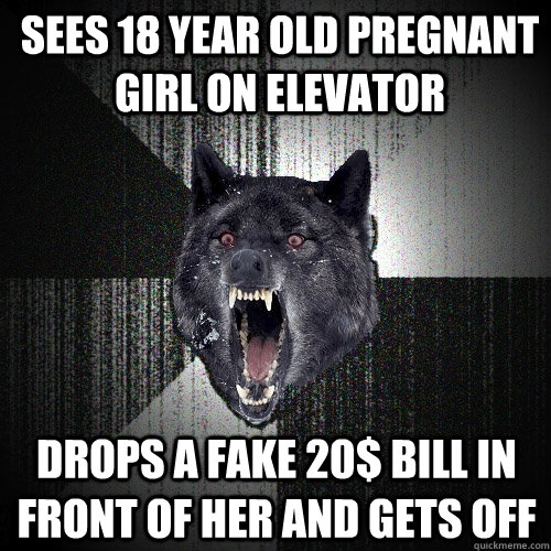sees 18 year old pregnant girl on elevator drops a fake 20$ bill in front of her and gets off - sees 18 year old pregnant girl on elevator drops a fake 20$ bill in front of her and gets off  Insanity Wolf
