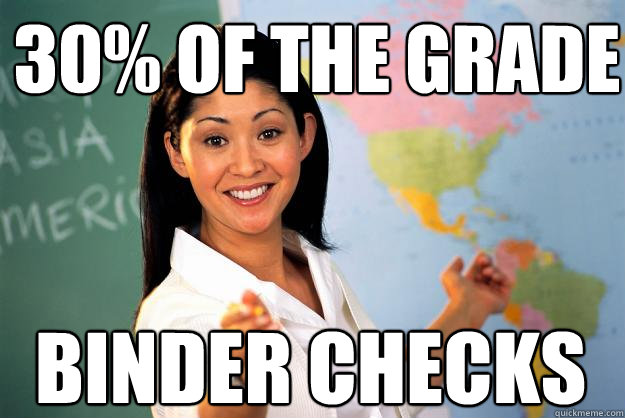 30% of the grade Binder Checks  - 30% of the grade Binder Checks   Unhelpful High School Teacher