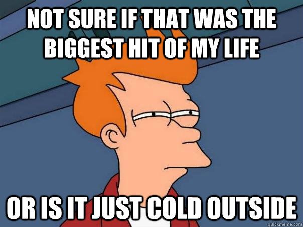 not sure if that was the biggest hit of my life or is it just cold outside  Futurama Fry