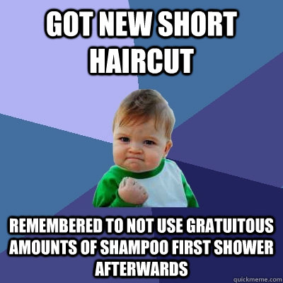 got new short haircut remembered to not use gratuitous amounts of shampoo first shower afterwards - got new short haircut remembered to not use gratuitous amounts of shampoo first shower afterwards  Success Kid