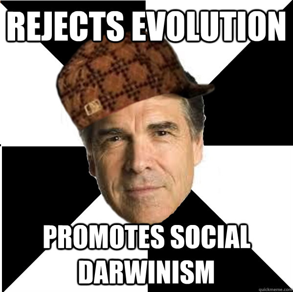 rejects evolution promotes social darwinism  