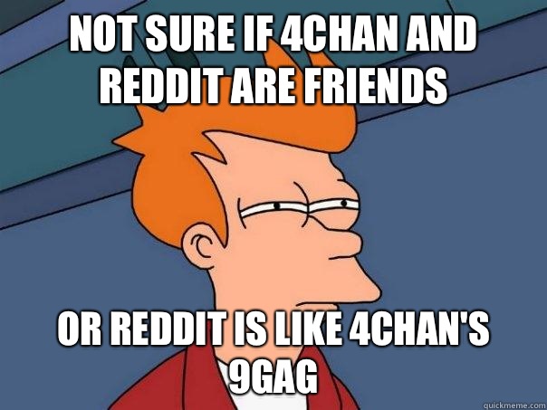 not sure if 4chan and reddit are friends or reddit is like 4chan's 9gag  Futurama Fry