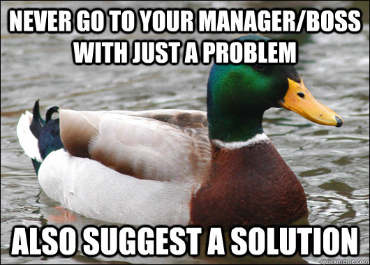 Never go to your manager/boss with just a problem Also suggest a solution - Never go to your manager/boss with just a problem Also suggest a solution  Actual Advice Mallard