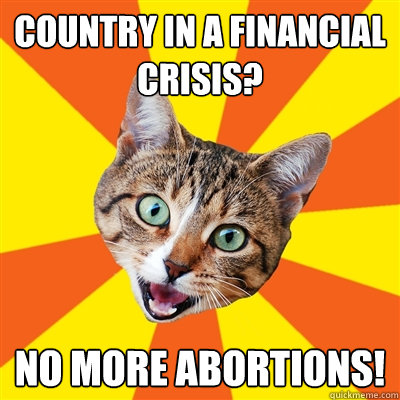 Country in a financial crisis?  NO MOre Abortions!  Bad Advice Cat
