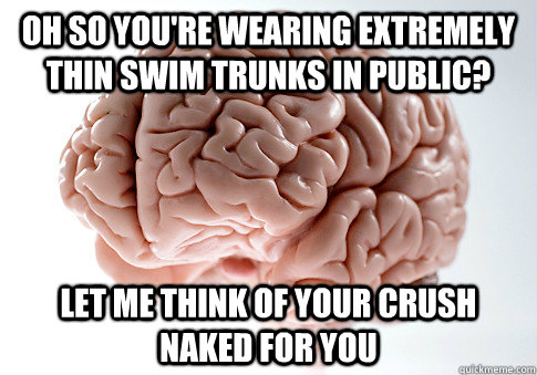 Oh so you're wearing extremely thin swim trunks in public? Let me think of your crush naked for you - Oh so you're wearing extremely thin swim trunks in public? Let me think of your crush naked for you  Scumbag Brain