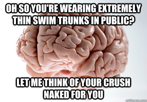 Oh so you're wearing extremely thin swim trunks in public? Let me think of your crush naked for you  Scumbag Brain