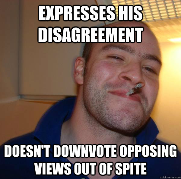 Expresses his disagreement doesn't downvote opposing views out of spite - Expresses his disagreement doesn't downvote opposing views out of spite  Misc