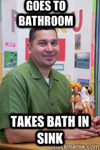 Goes To Bathroom Takes bath in sink  