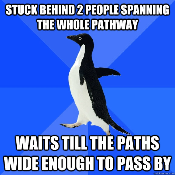 stuck behind 2 people spanning the whole pathway waits till the paths wide enough to pass by  Socially Awkward Penguin