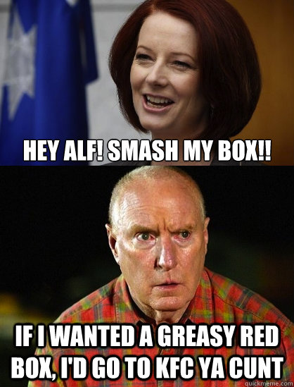 HEY ALF! SMASH MY BOX!! IF I WANTED A GREASY RED BOX, I'D GO TO KFC YA CUNT - HEY ALF! SMASH MY BOX!! IF I WANTED A GREASY RED BOX, I'D GO TO KFC YA CUNT  GALF