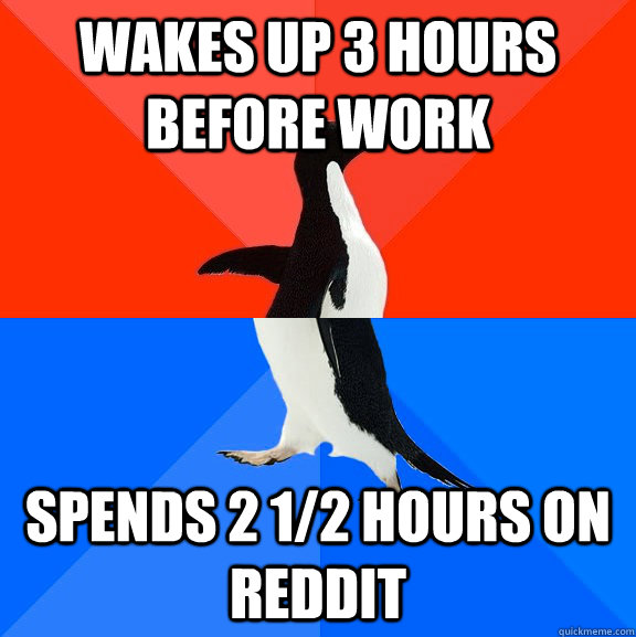 Wakes up 3 hours before work Spends 2 1/2 Hours on Reddit  Socially Awesome Awkward Penguin