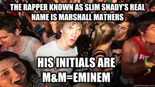 The rapper known as Slim Shady's real name is Marshall Mathers His initials are M&M=Eminem - The rapper known as Slim Shady's real name is Marshall Mathers His initials are M&M=Eminem  Sudden Clarity Clarence