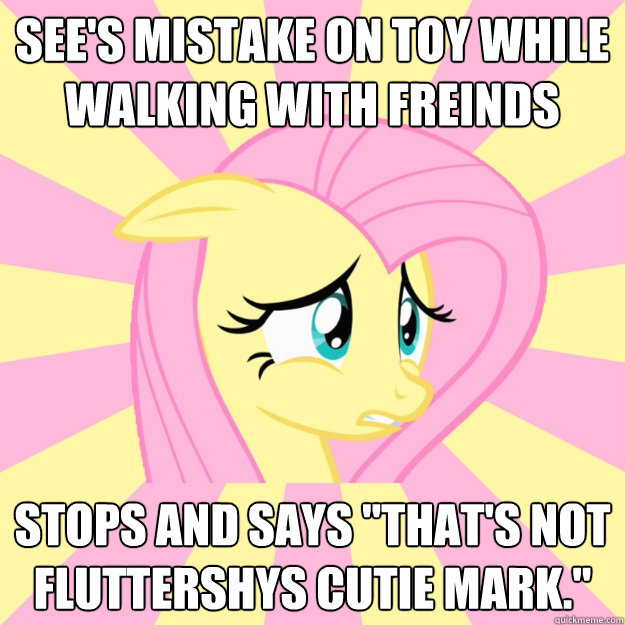 see's mistake on toy while walking with freinds stops and says 