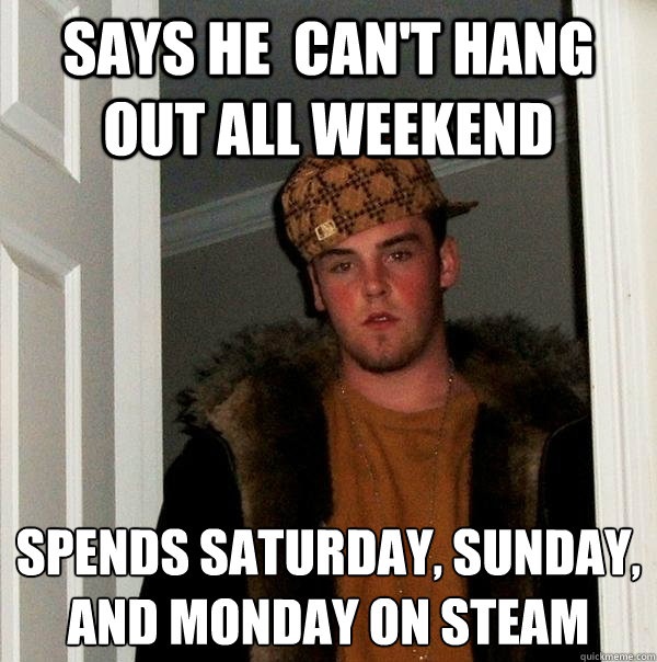 Says he  can't hang out all weekend spends saturday, sunday, and monday on steam  Scumbag Steve