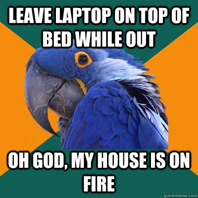 Leave laptop on top of bed while out Oh god, my house is on fire  Paranoid Parrot