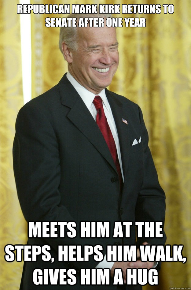 Republican Mark Kirk returns to senate after one year Meets him at the steps, helps him walk, gives him a hug  Good Guy Joe Biden