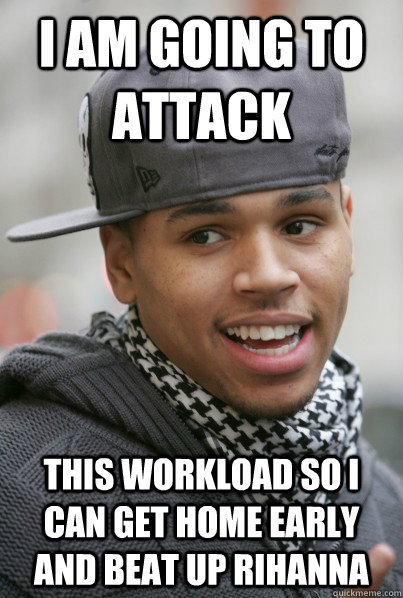 I am going to attack this workload so I can get home early and beat up Rihanna - I am going to attack this workload so I can get home early and beat up Rihanna  Chris Brown